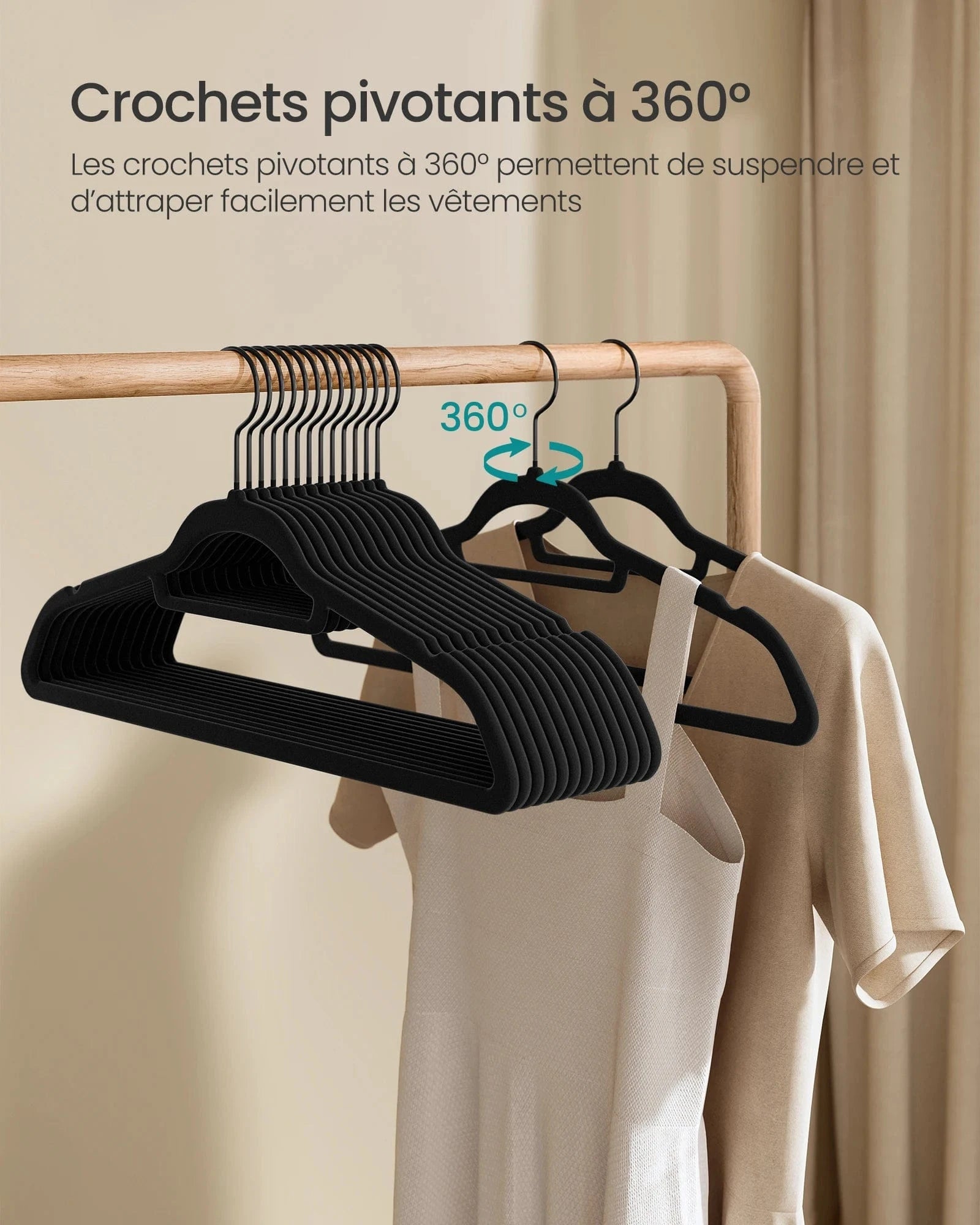 SONGMICS 50 Cintres en Velours, Antiglisse, avec Barre à Cravate et Crochet Pivotant à 360°, Épaisseur 0,6 cm, Gain de Place