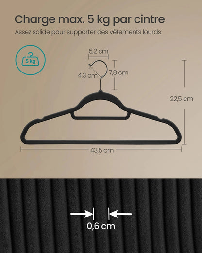 SONGMICS 50 Cintres en Velours, Antiglisse, avec Barre à Cravate et Crochet Pivotant à 360°, Épaisseur 0,6 cm, Gain de Place