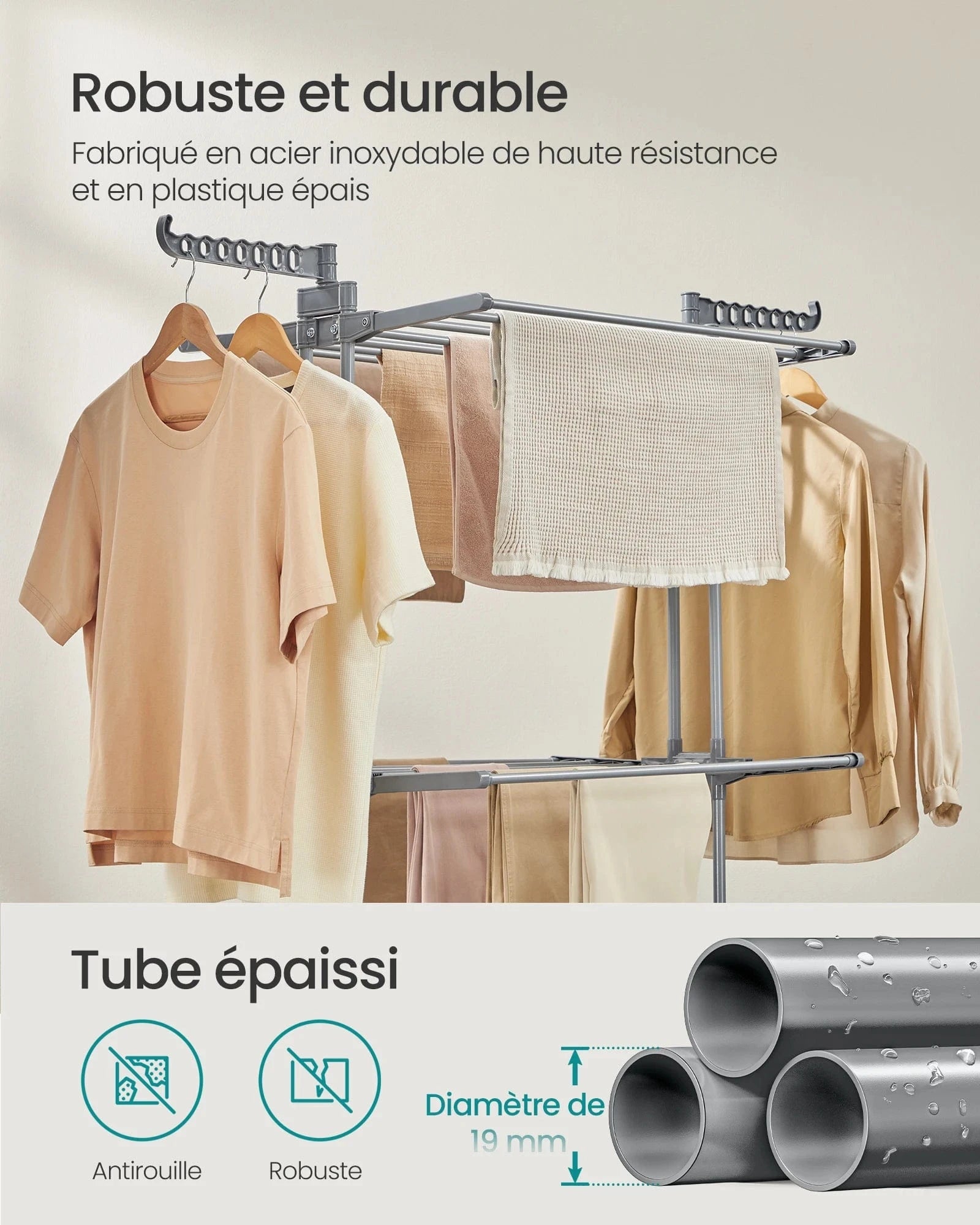 Clothes Drying Rack, Foldable, 63.5 x 128 x 148 cm, Large Capacity, Indoor and Outdoor Use, Dove Grey Gris Tourterelle / GERMANY