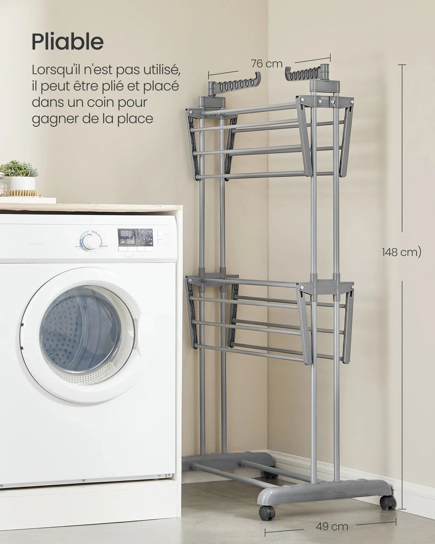 Clothes Drying Rack, Foldable, 63.5 x 128 x 148 cm, Large Capacity, Indoor and Outdoor Use, Dove Grey Gris Tourterelle / GERMANY