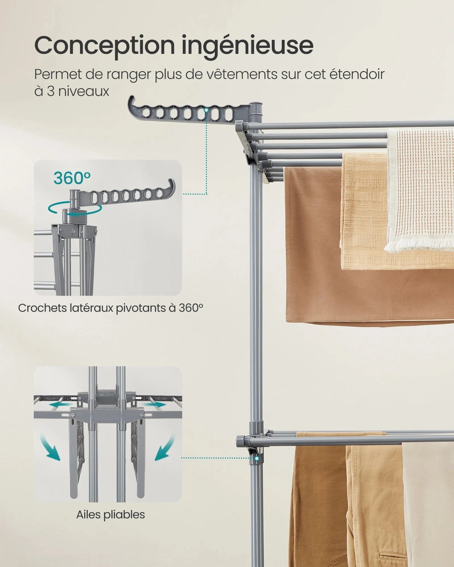 Clothes Drying Rack, Foldable, 63.5 x 128 x 148 cm, Large Capacity, Indoor and Outdoor Use, Dove Grey Gris Tourterelle / GERMANY