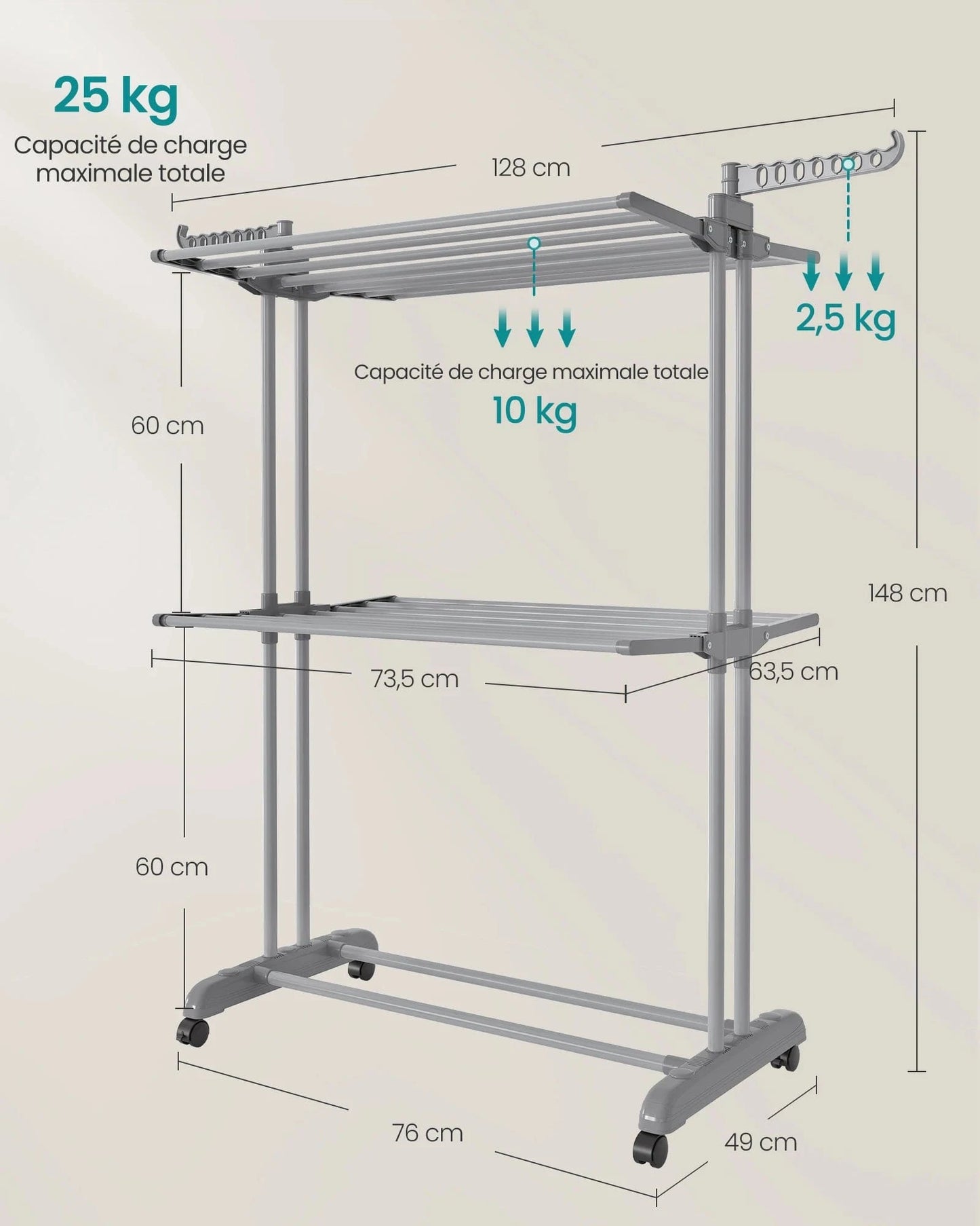 Clothes Drying Rack, Foldable, 63.5 x 128 x 148 cm, Large Capacity, Indoor and Outdoor Use, Dove Grey Gris Tourterelle / GERMANY