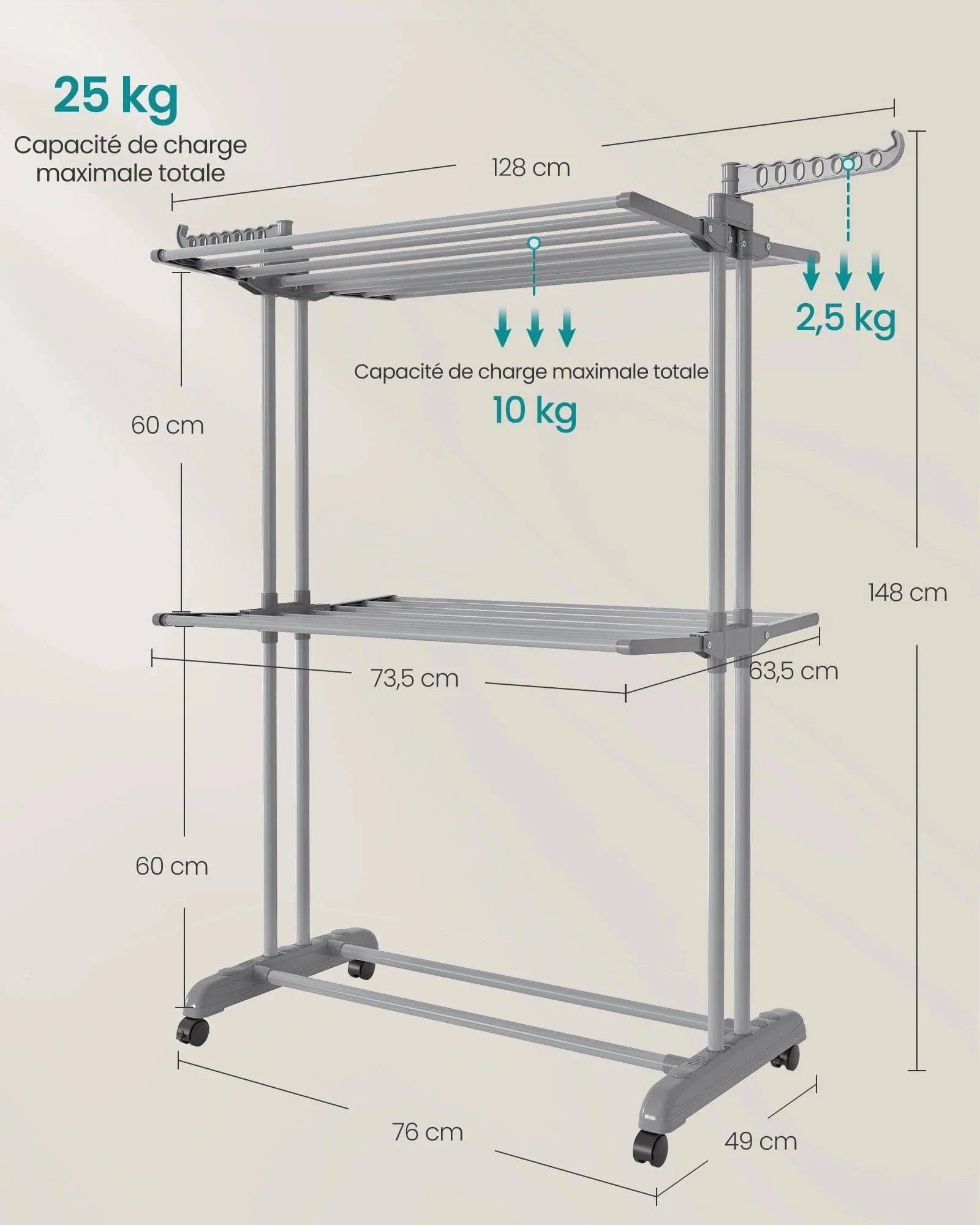 Clothes Drying Rack, Foldable, 63.5 x 128 x 148 cm, Large Capacity, Indoor and Outdoor Use, Dove Grey Gris Tourterelle / GERMANY