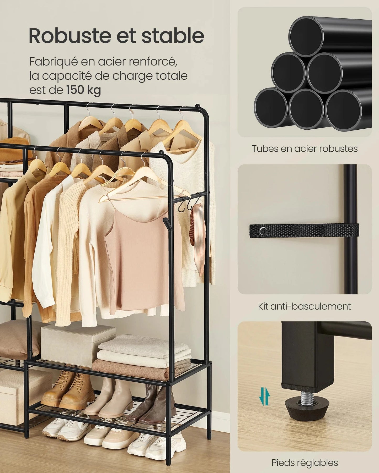 Clothes Rack, Open Wardrobe, Coat Rack with 7 Shelves, Metal Frame, Rods, Black Noir / 45 x 115,8 x 172,8 cm (P x L x H) / france