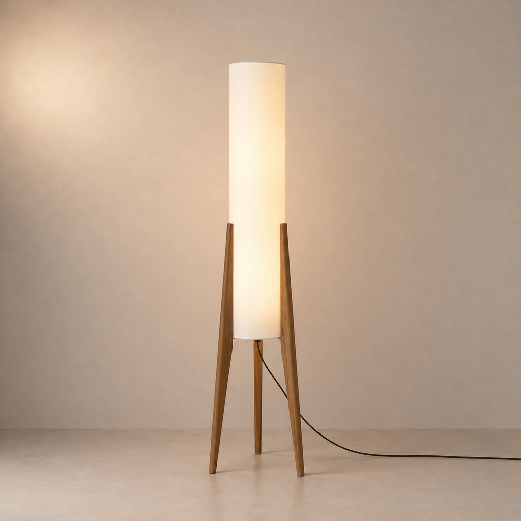 Lampadaire tripode bois et tissu élégance scandinave SCANDIA