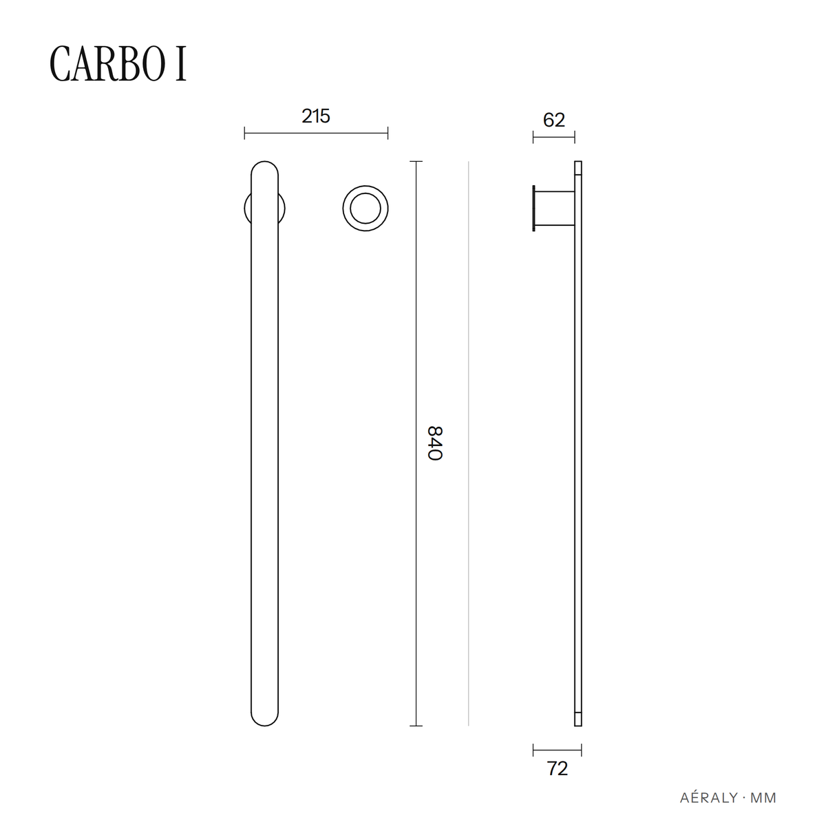Dimensions sèche-serviette Aéraly CARBO I, plan coté en mm