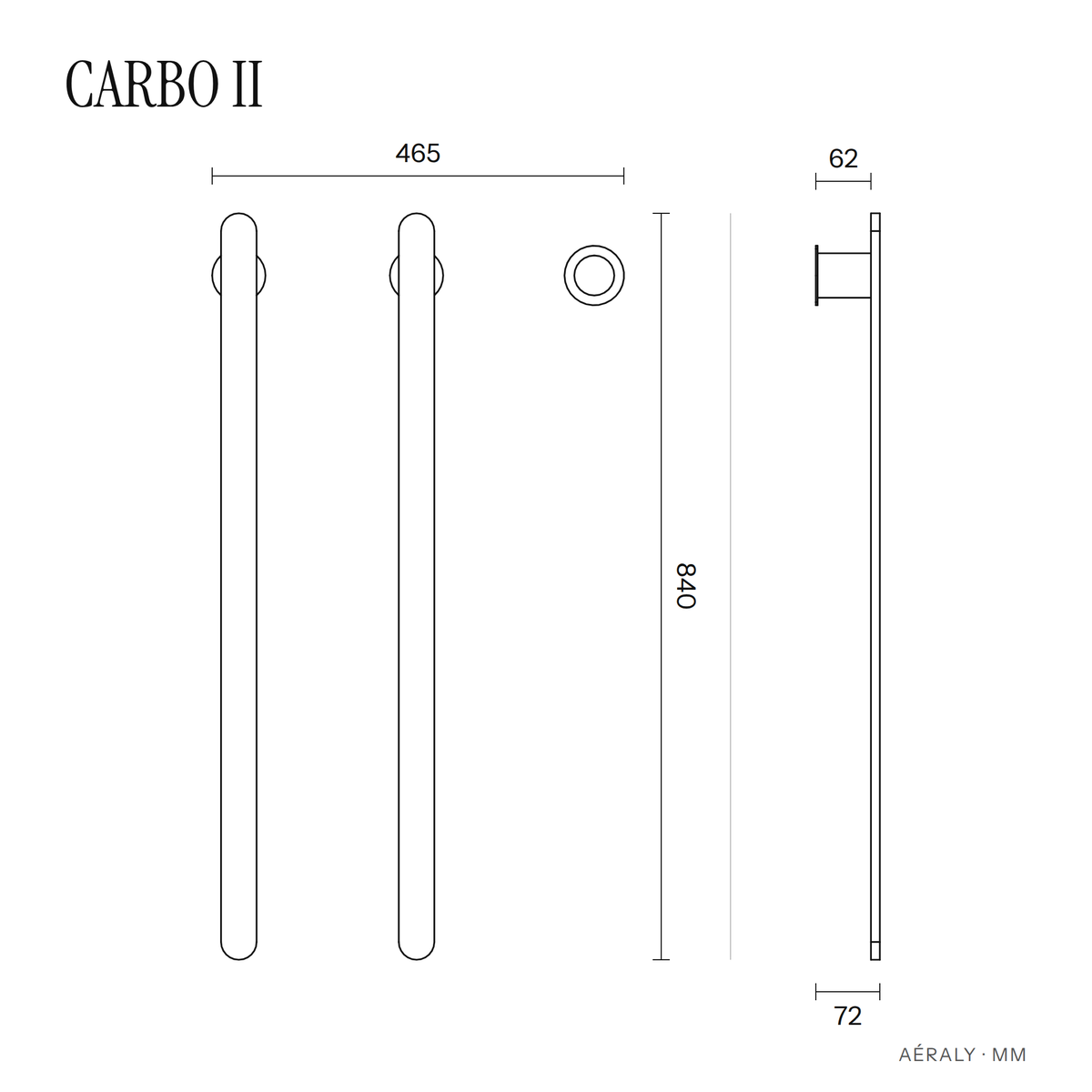 Dimensions sèche-serviette Aéraly CARBO II, plan coté en mm