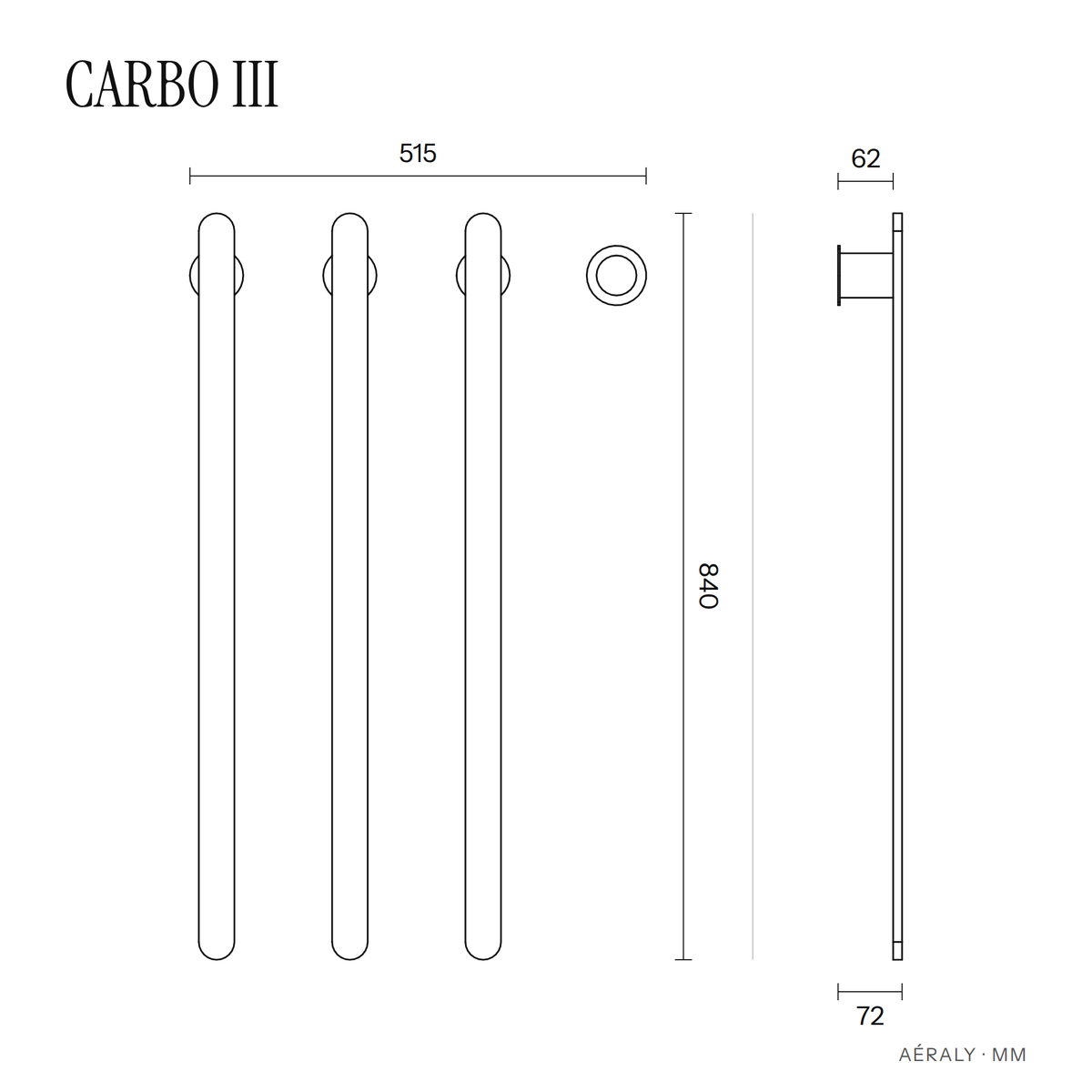 Dimensions sèche-serviette Aéraly CARBO III, plan coté en mm
