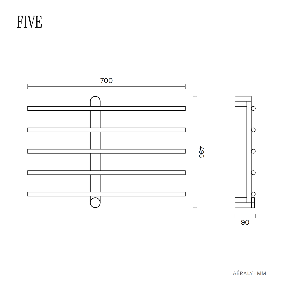 Dimensions sèche-serviette Aéraly FIVE, plan coté en mm