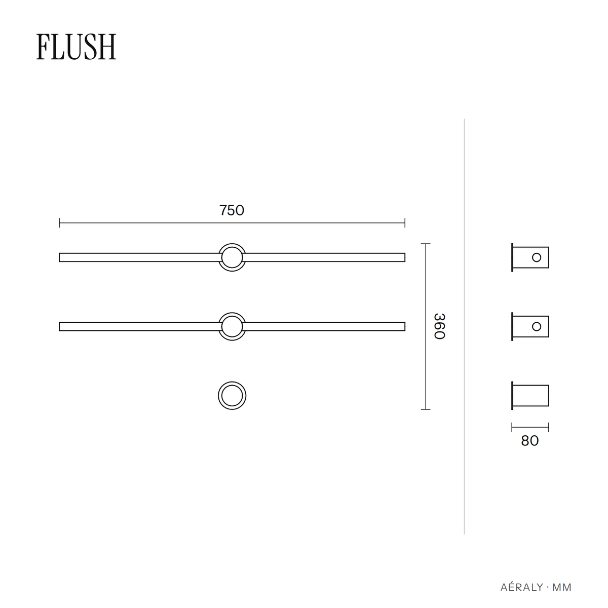 Dimensions sèche-serviette Aéraly FLUSH, plan coté en mm
