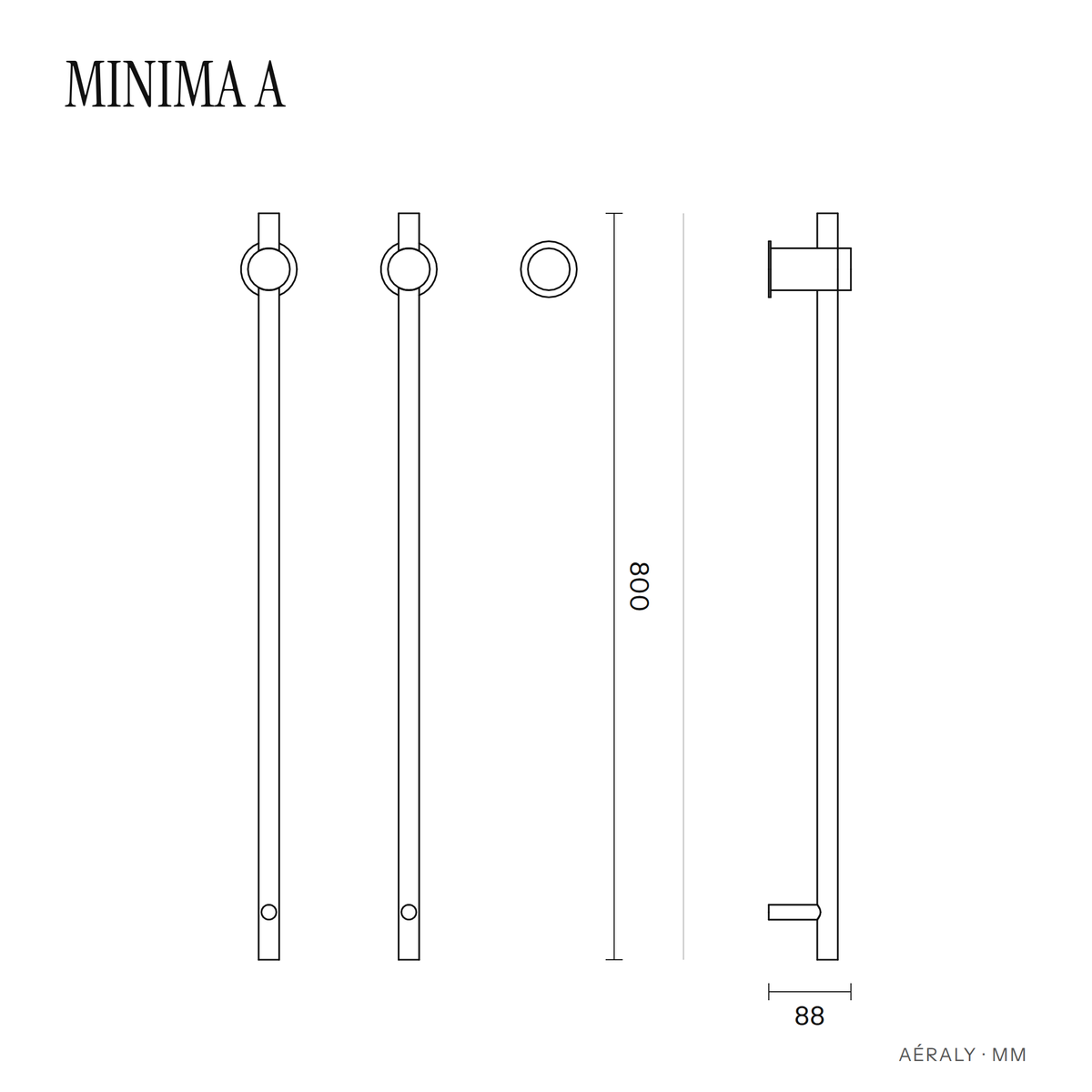 Dimensions sèche-serviette Aéraly MINIMA version A, plan coté en mm