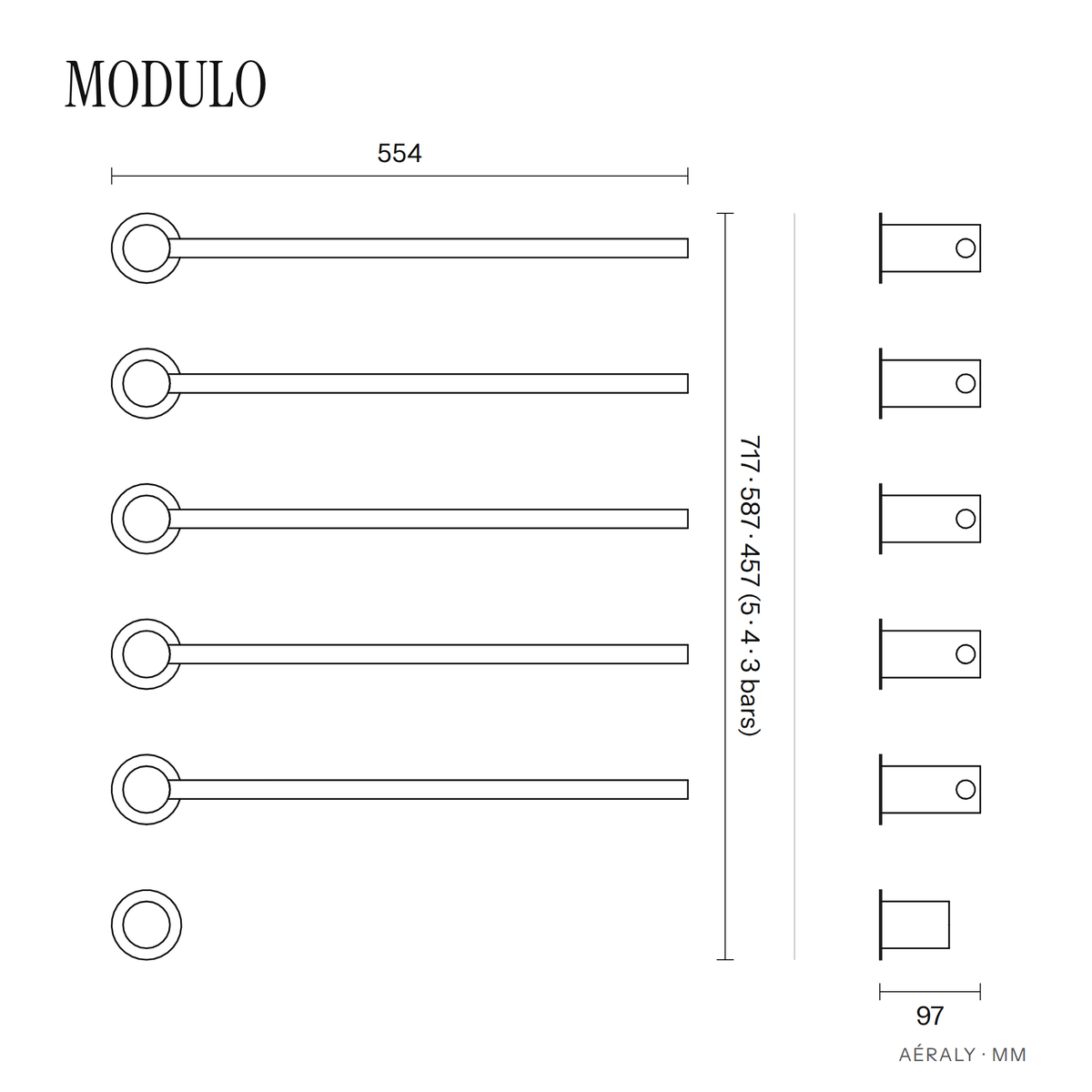 Dimensions sèche-serviette Aéraly MODULO, plan coté en mm