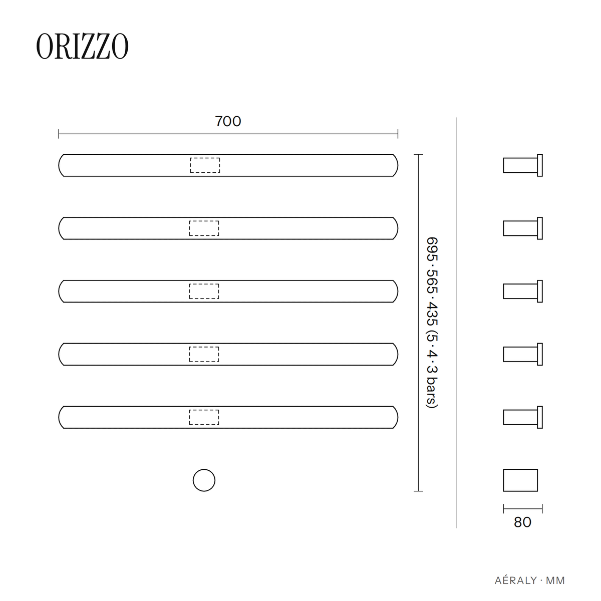 Dimensions sèche-serviette Aéraly ORIZZO, plan coté en mm