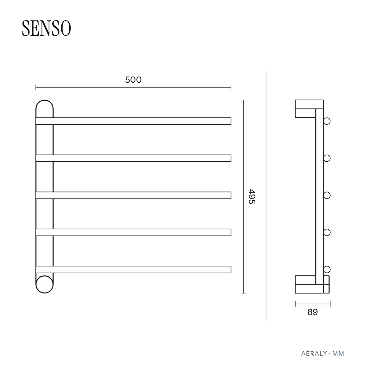 Dimensions sèche-serviette Aéraly SENSO, plan coté en mm