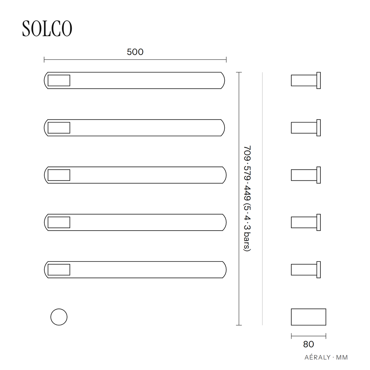Dimensions sèche-serviette Aéraly SOLCO, plan coté en mm