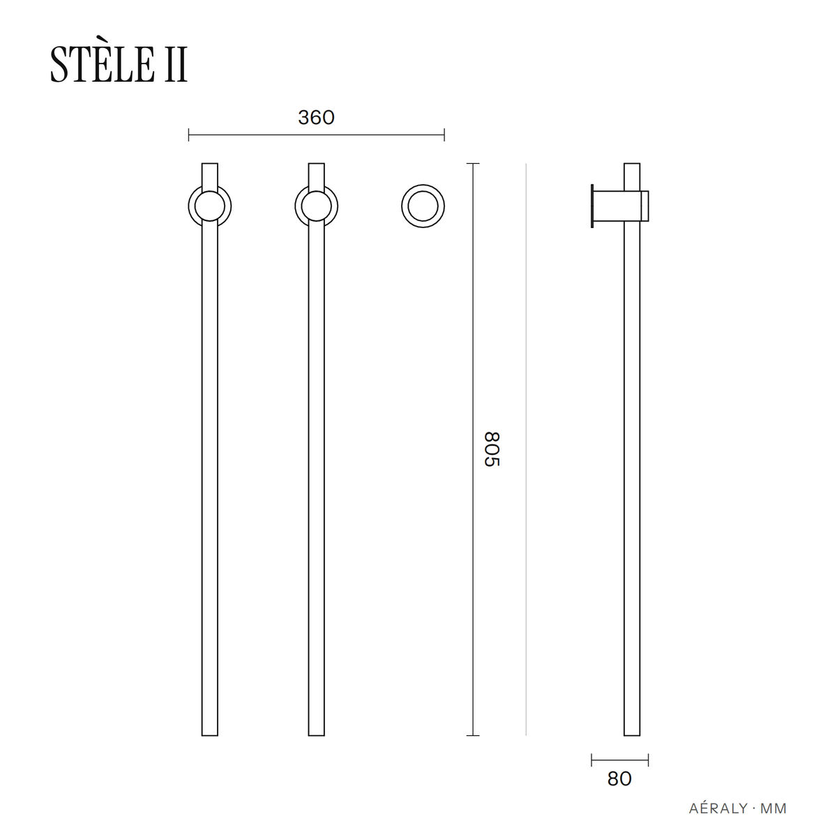 Dimensions sèche-serviette Aéraly STÈLE II (2 barres), plan coté en mm