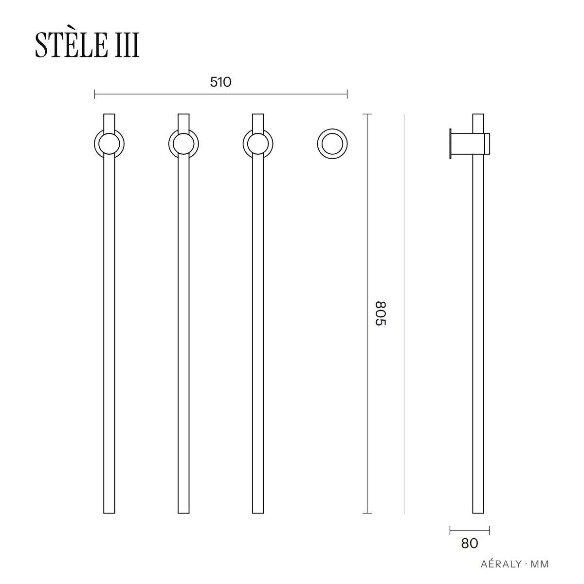 Dimensions sèche-serviette Aéraly STÈLE III (3 barres), plan coté en mm