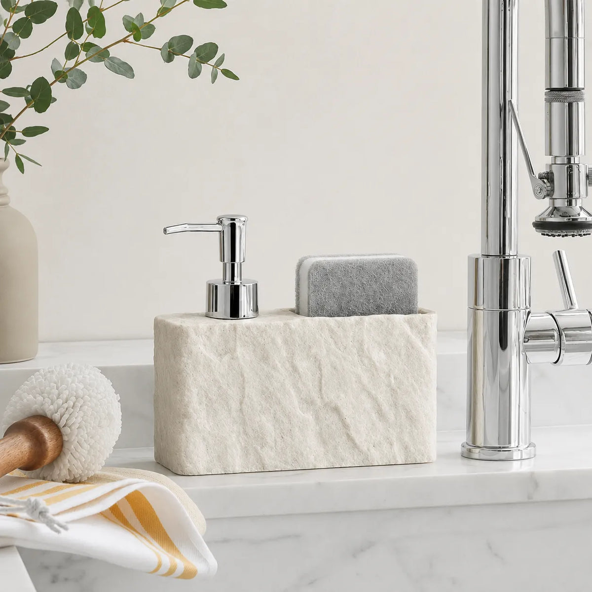 PLUVENA - 2-in-1 Soap Dispenser with Sponge Holder, Stone Effect Resin