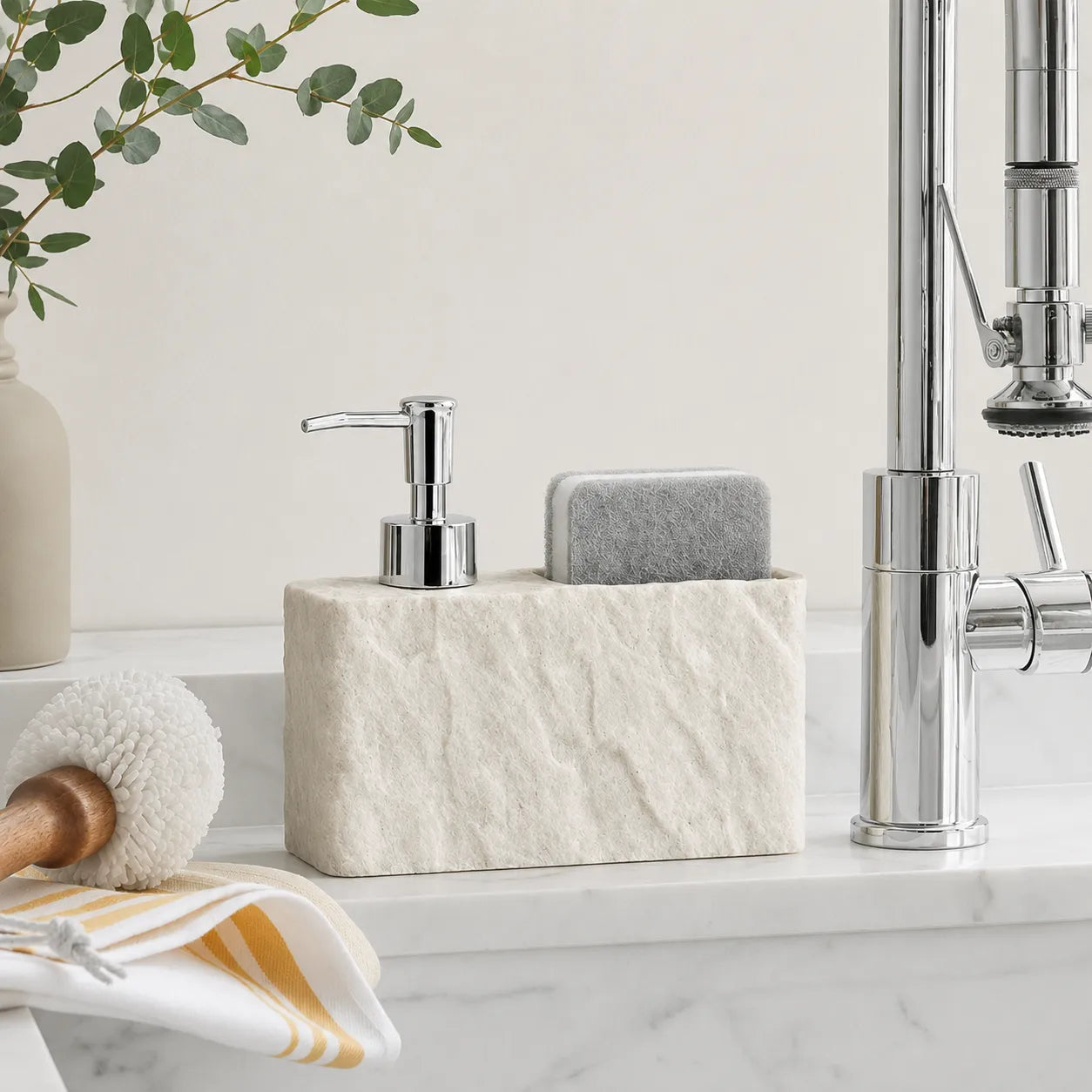 PLUVENA - 2-in-1 Soap Dispenser with Sponge Holder, Stone Effect Resin