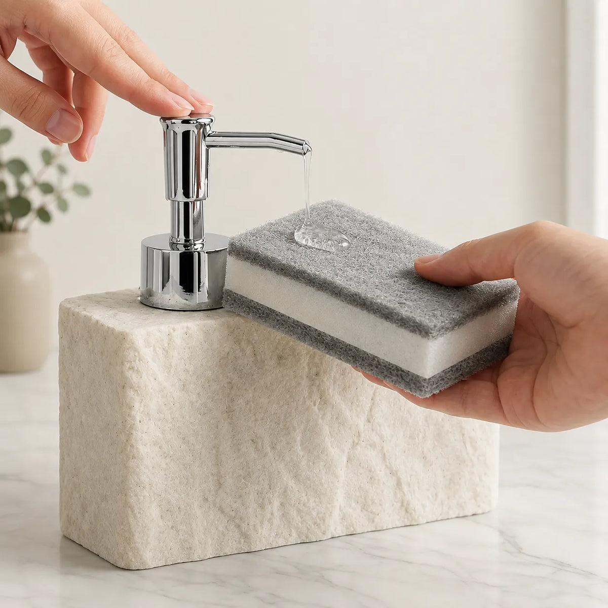 PLUVENA - 2-in-1 Soap Dispenser with Sponge Holder, Stone Effect Resin