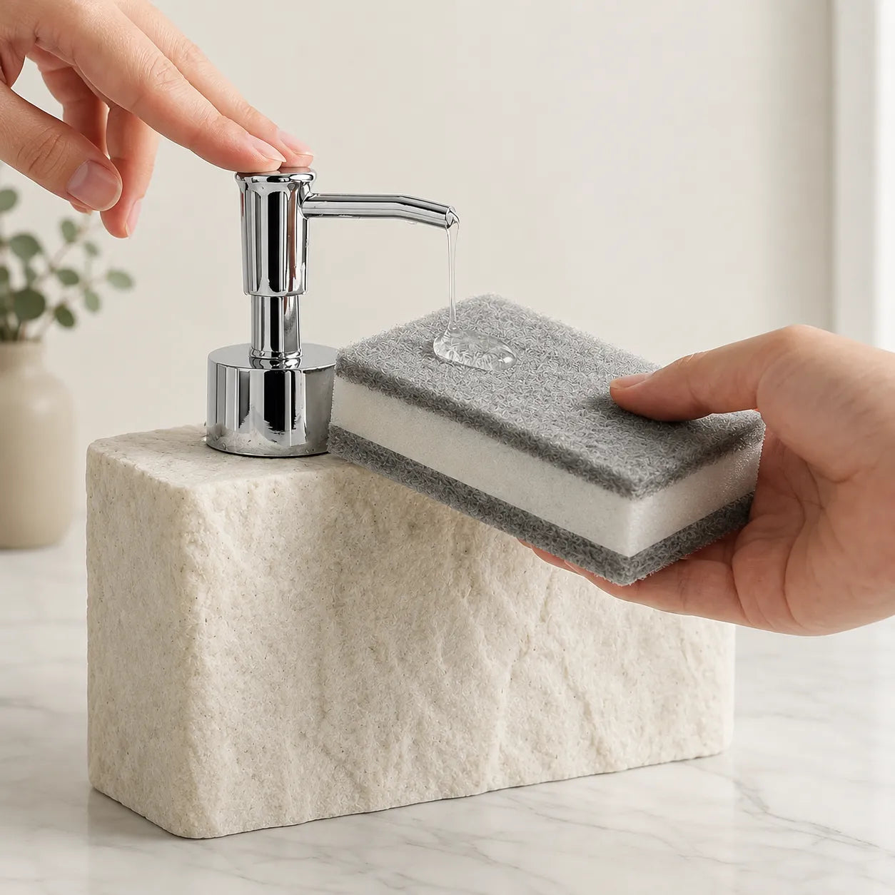 PLUVENA - 2-in-1 Soap Dispenser with Sponge Holder, Stone Effect Resin