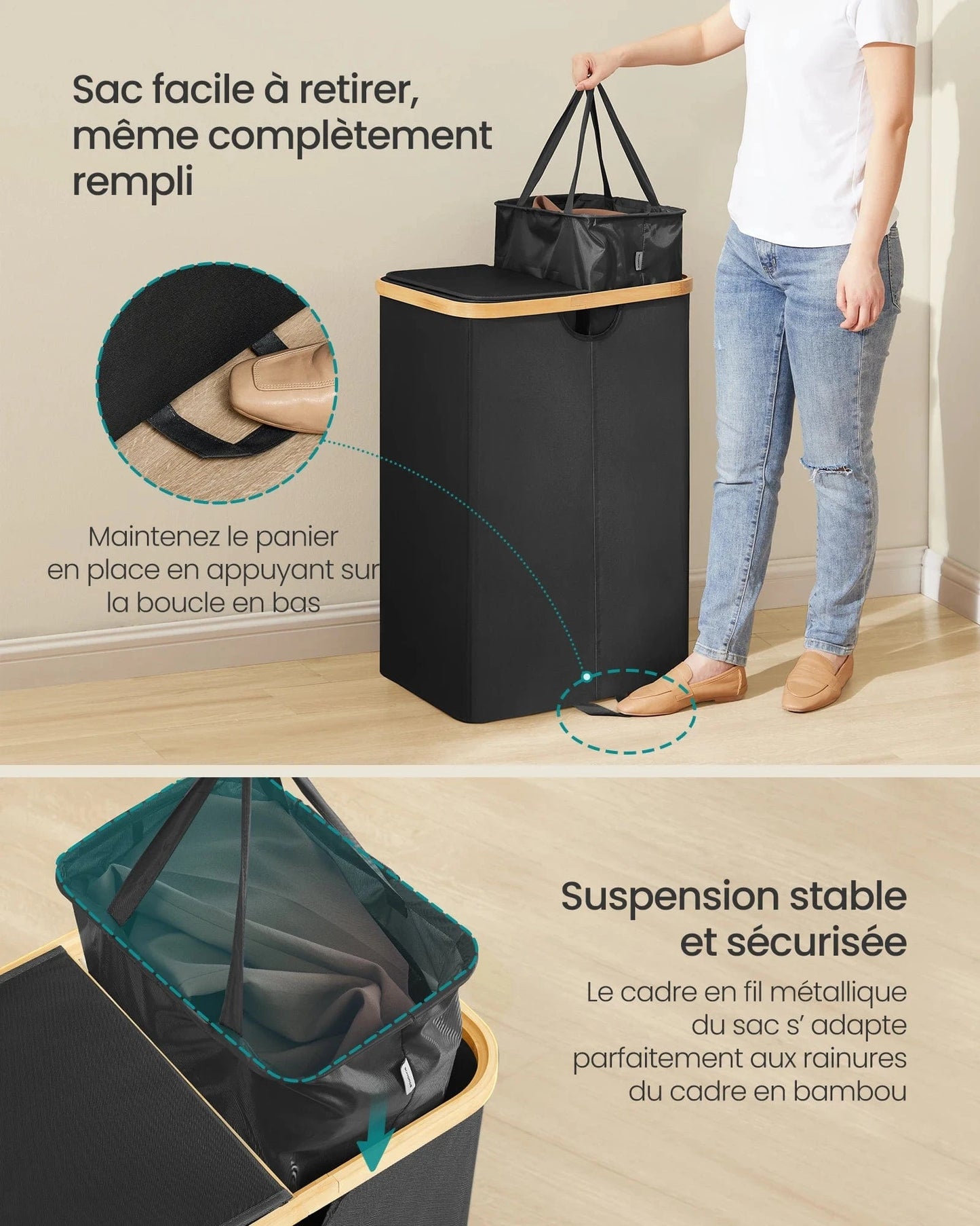 Double panier à linge 150L avec couvercle