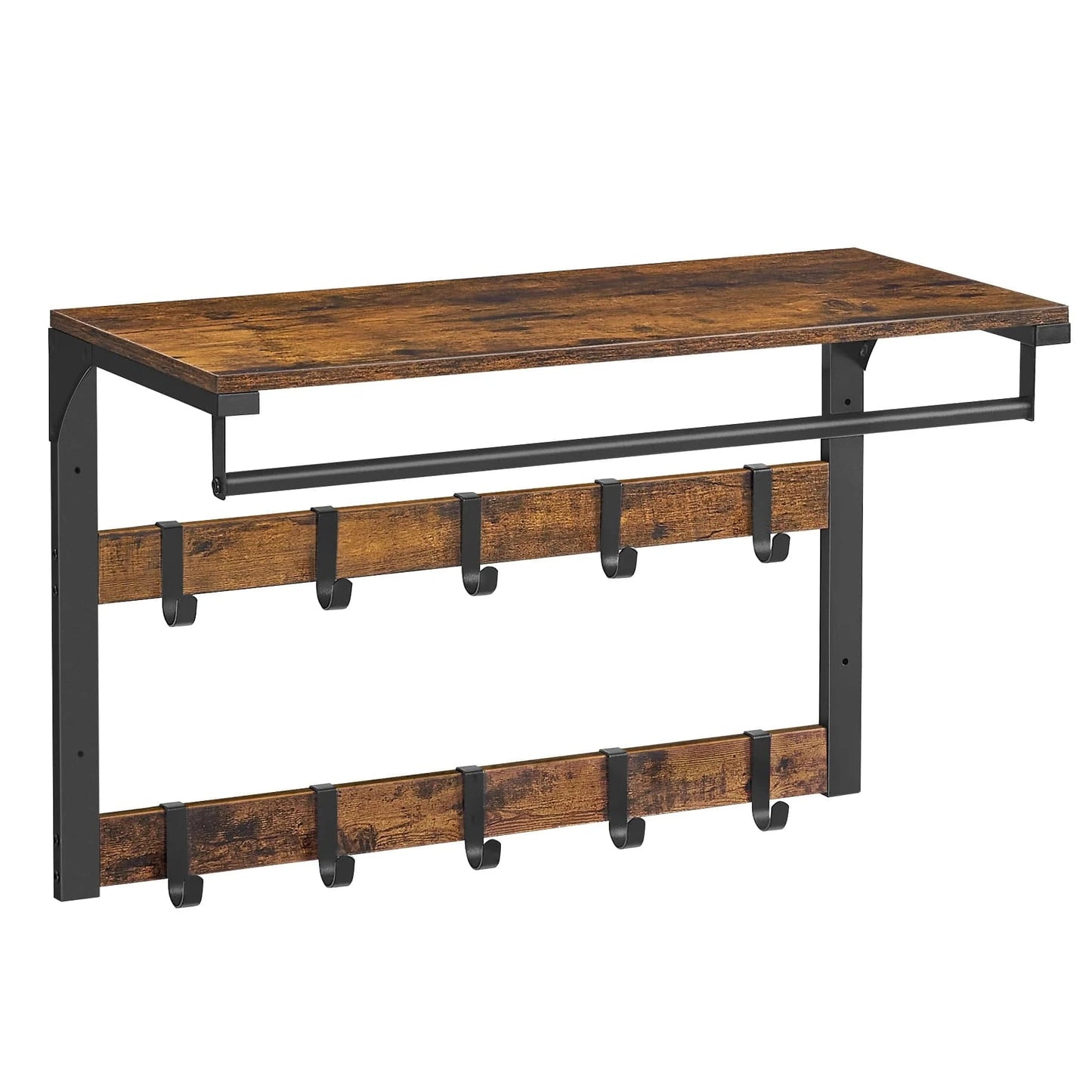 Étagère porte manteau murale 3-en-1 en métal et bois Noir