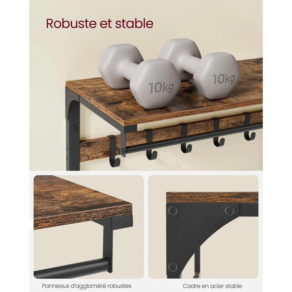 Étagère porte manteau murale 3-en-1 en métal et bois - Aéraly