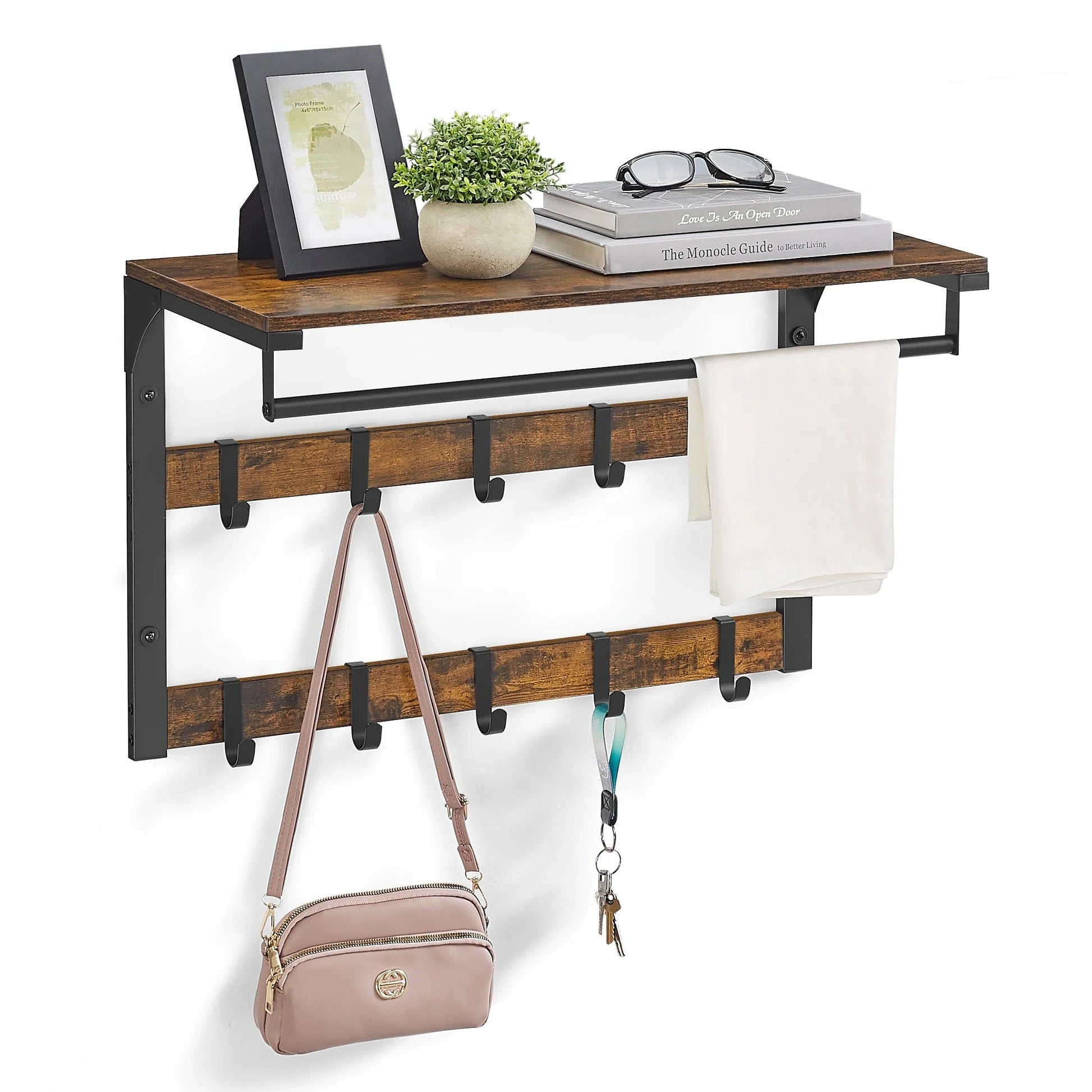 Étagère porte manteau murale 3-en-1 en métal et bois Noir