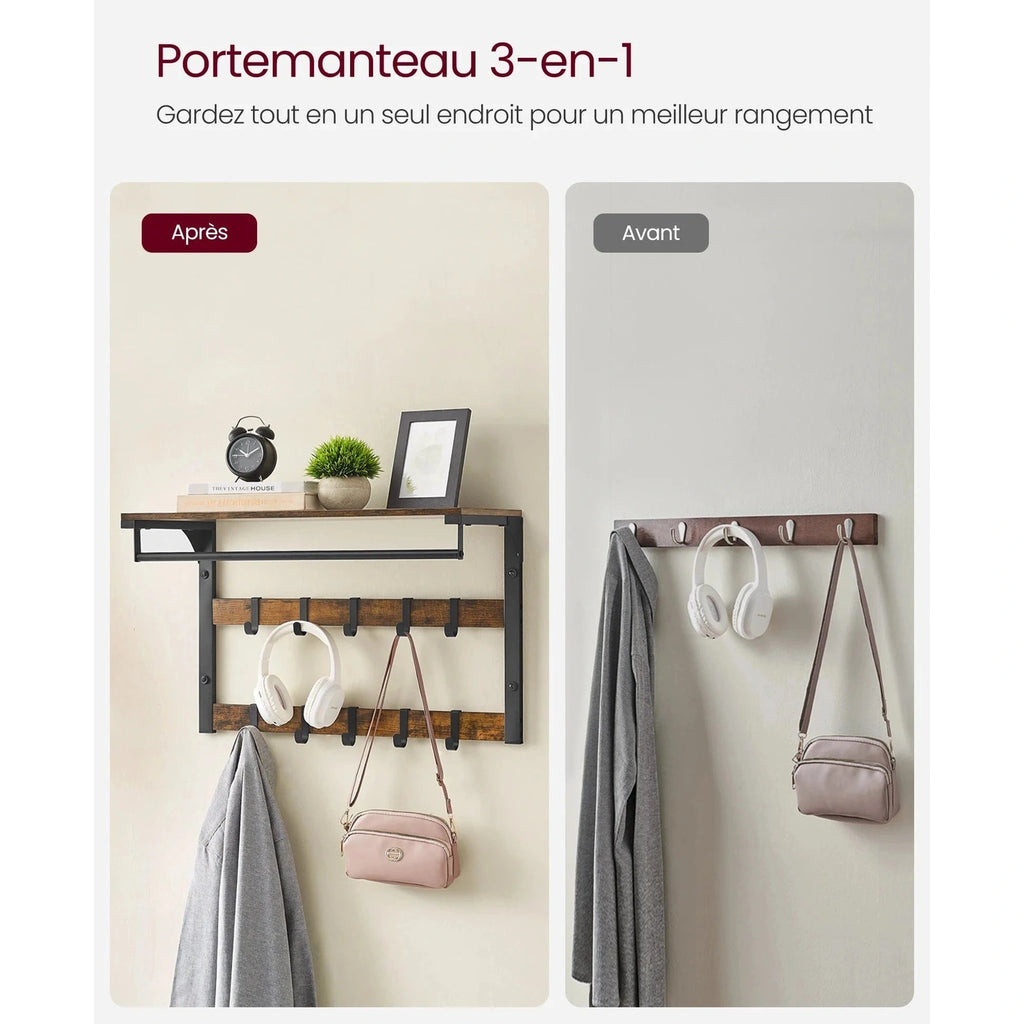 Étagère porte manteau murale 3-en-1 en métal et bois - Aéraly