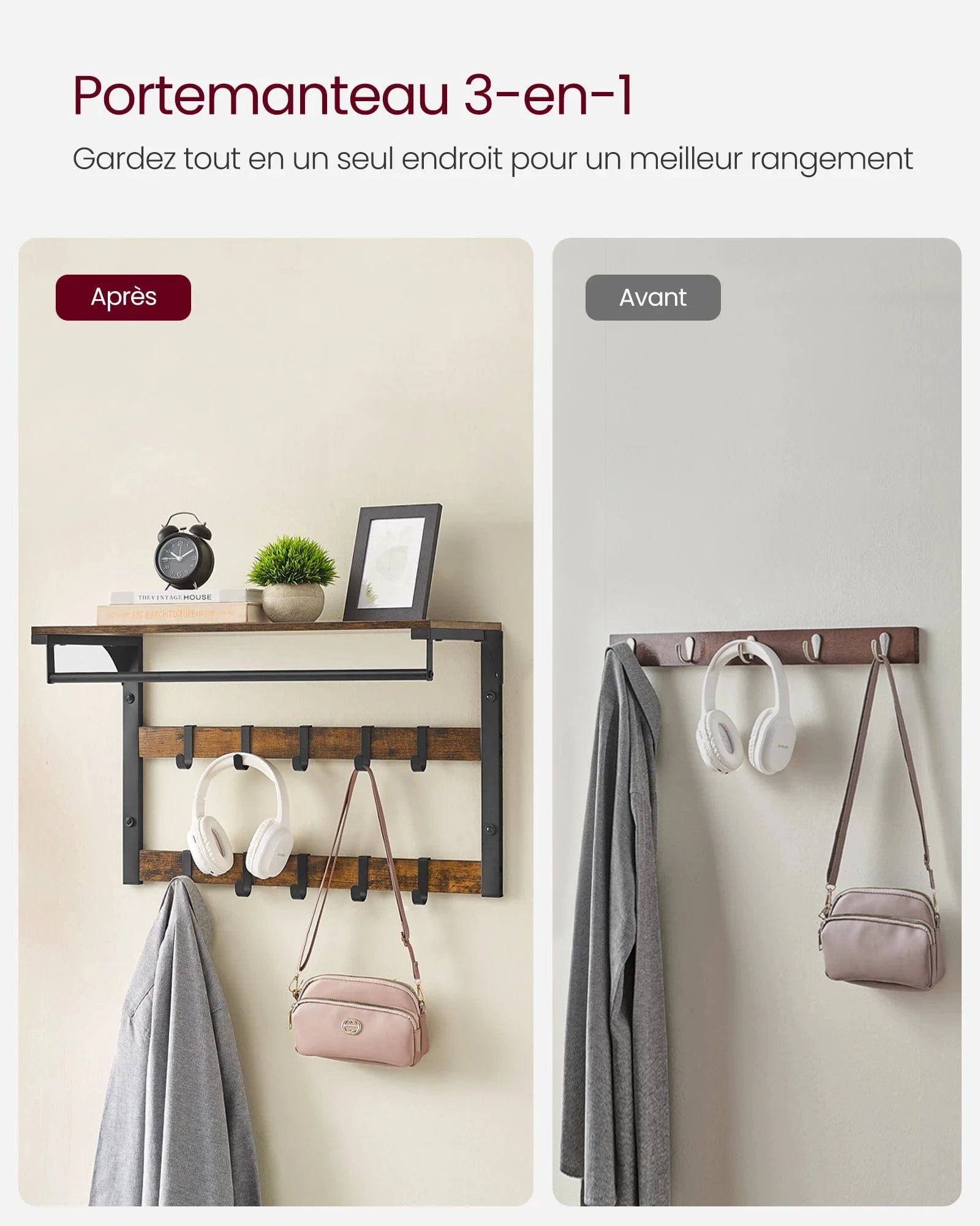 Étagère porte manteau murale 3-en-1 en métal et bois Noir