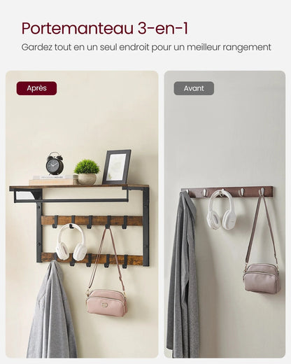 Étagère porte manteau murale 3-en-1 en métal et bois Noir