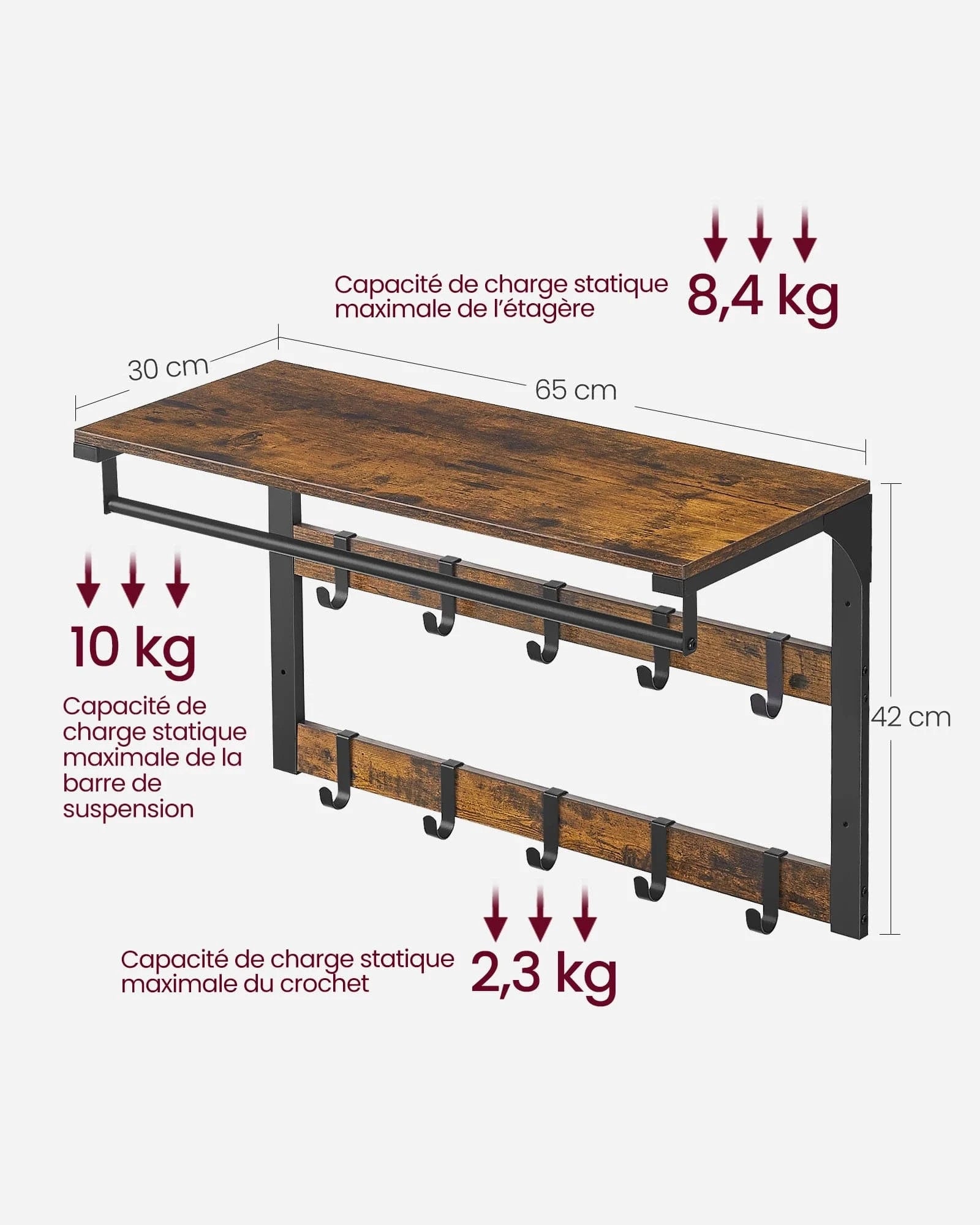 Étagère porte manteau murale 3-en-1 en métal et bois Noir