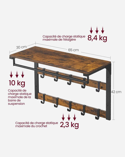 Étagère porte manteau murale 3-en-1 en métal et bois Noir