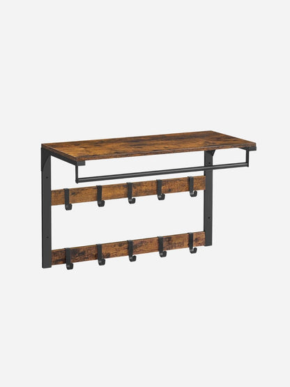 Étagère porte manteau murale 3-en-1 en métal et bois Noir