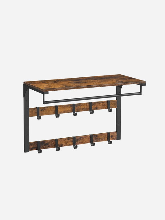 Étagère porte manteau murale 3-en-1 en métal et bois Noir