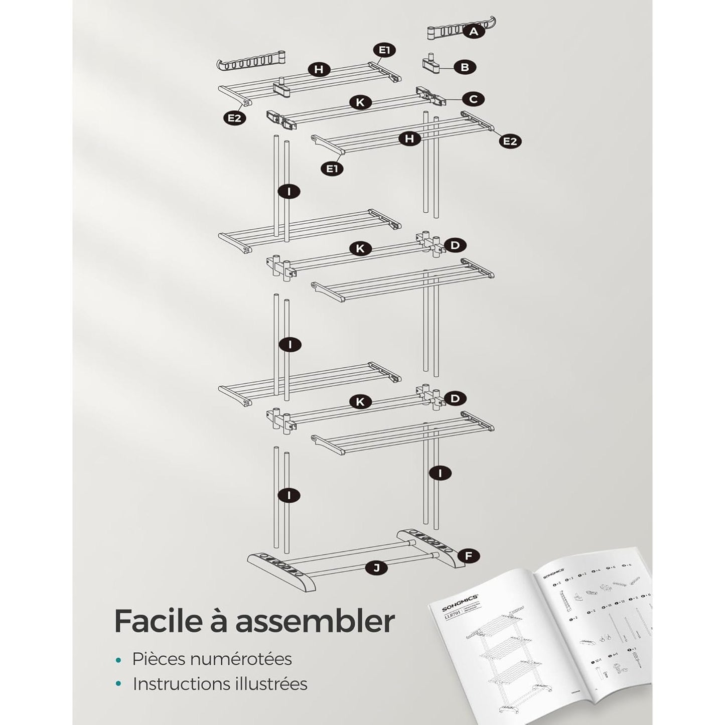 Étendoir à linge haut pliable 4 niveaux avec roulettes Aeraly