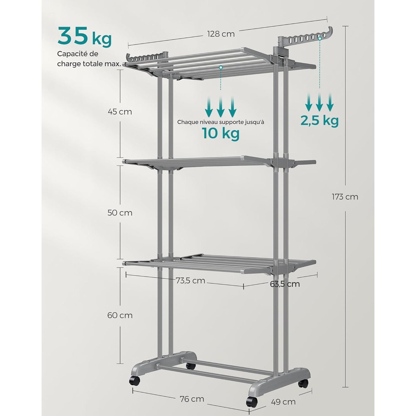 Étendoir à linge haut pliable 4 niveaux avec roulettes Aeraly