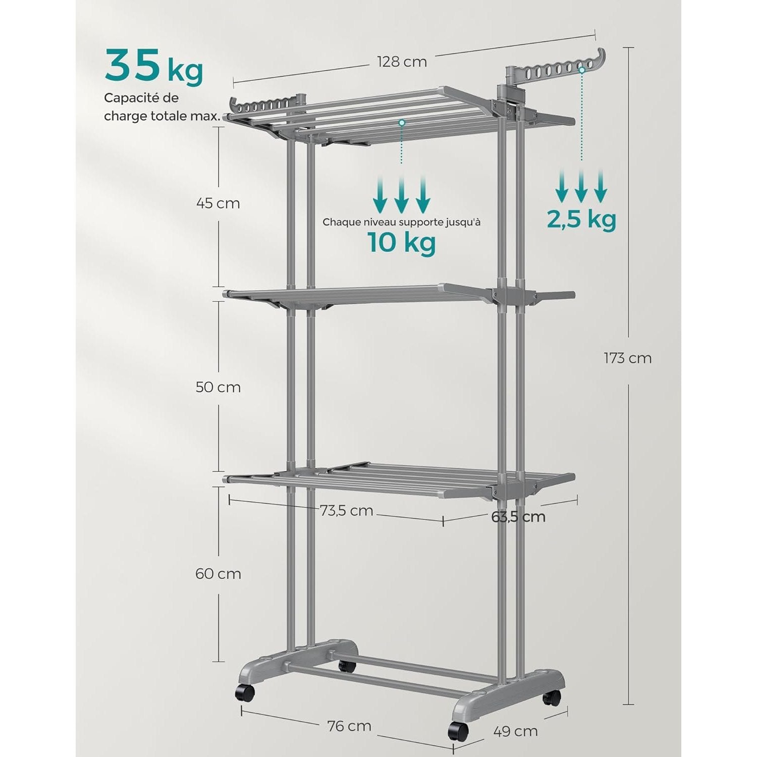Étendoir à linge haut pliable 4 niveaux avec roulettes Aeraly