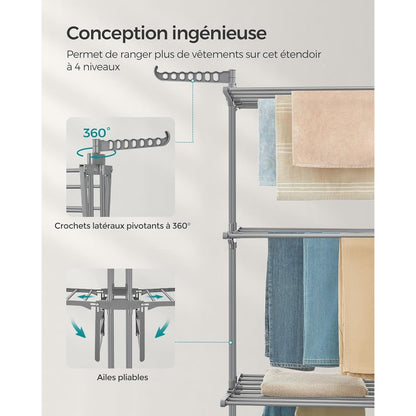 Étendoir à linge haut pliable 4 niveaux avec roulettes Aeraly