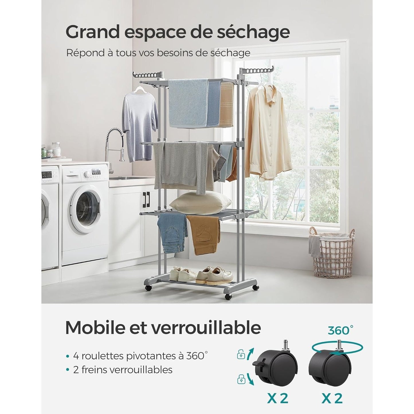 Étendoir à linge haut pliable 4 niveaux avec roulettes Aeraly