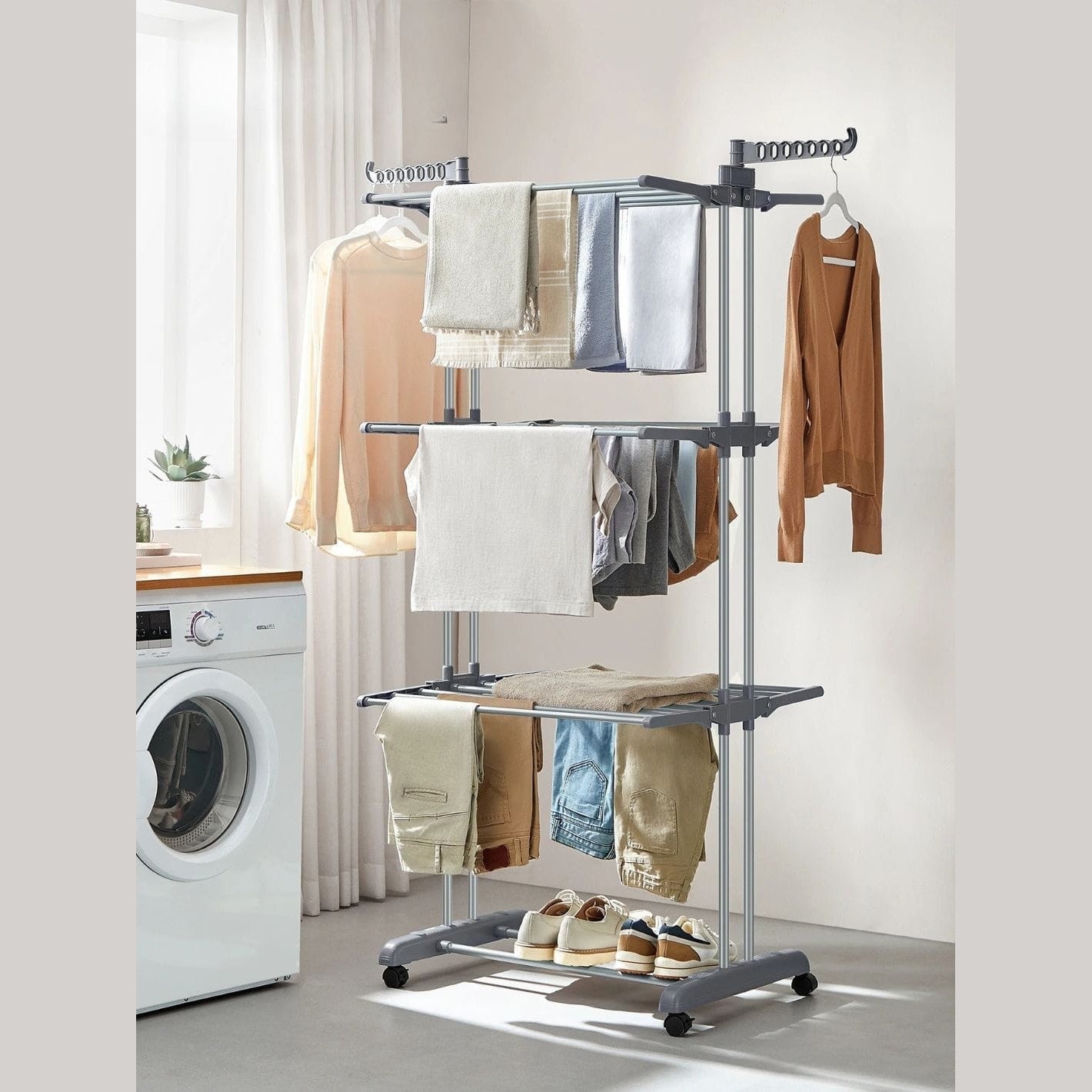 Étendoir à linge haut pliable 4 niveaux avec roulettes Aeraly