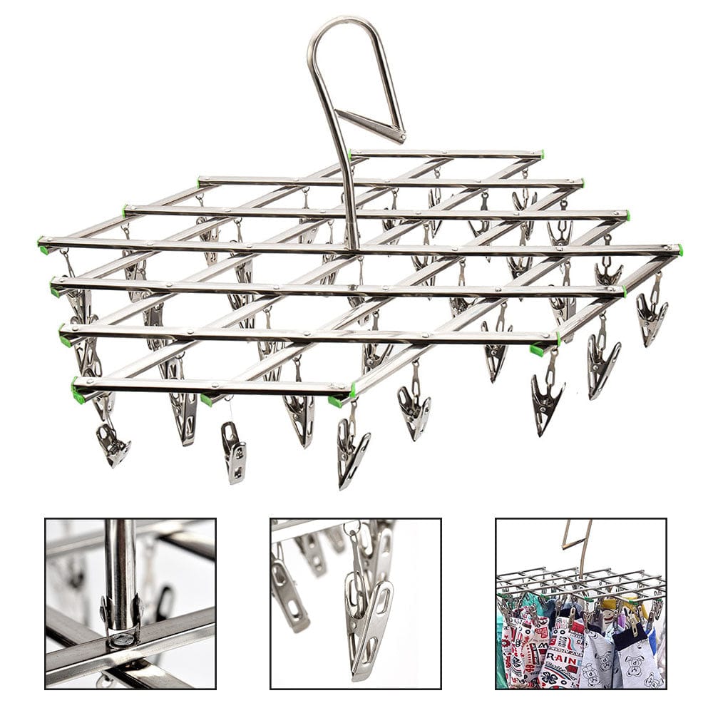 MOD Folding Drying Rack with 35/20 Clips Stainless Steel Windproof Underwear Socks Clip Swivel Hook Hanger Space Saving Drying Rack