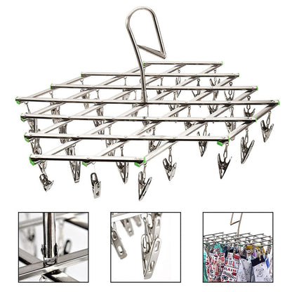MOD Folding Drying Rack with 35/20 Clips Stainless Steel Windproof Underwear Socks Clip Swivel Hook Hanger Space Saving Drying Rack