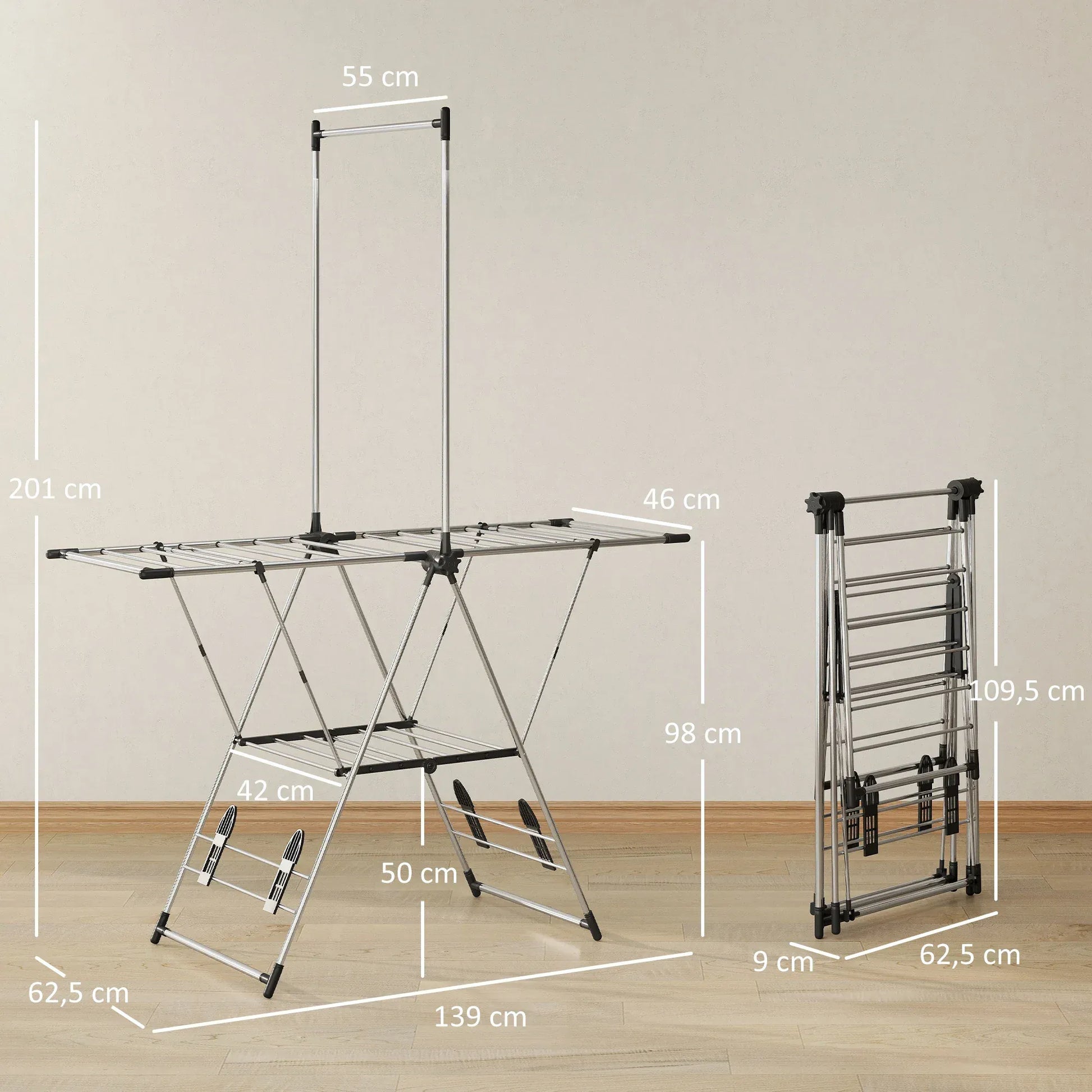 Etendoir linge vertical pliable ailes ajustables - Séchage efficace Argent