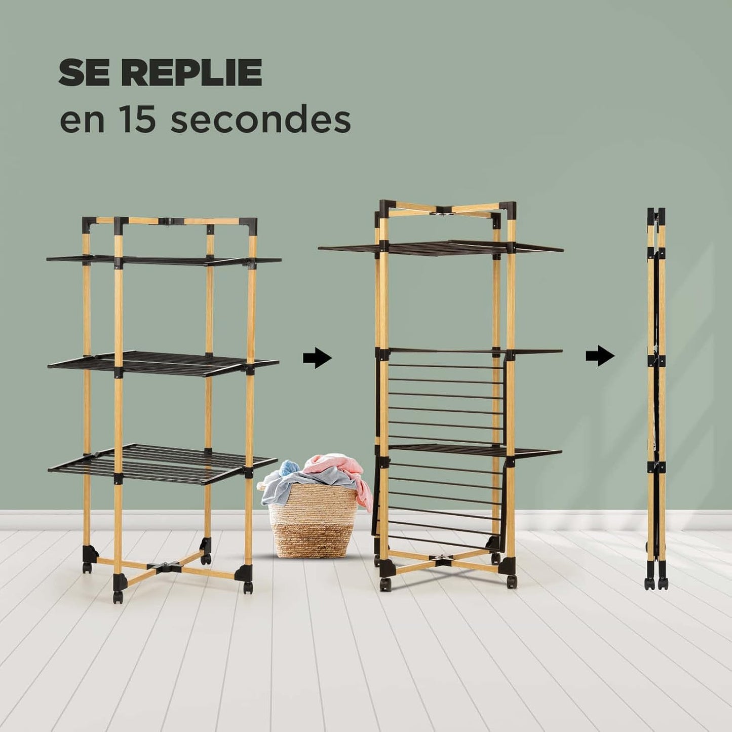 Étendoir tour pliable 3 niveaux – 30 m d’étendage compact et design Bois