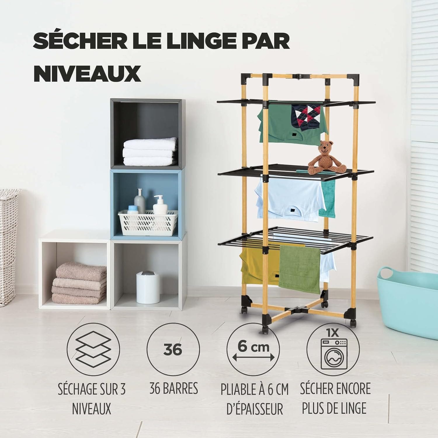 Étendoir tour pliable 3 niveaux – 30 m d’étendage compact et design Bois