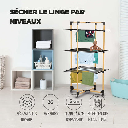 Étendoir tour pliable 3 niveaux – 30 m d’étendage compact et design Bois