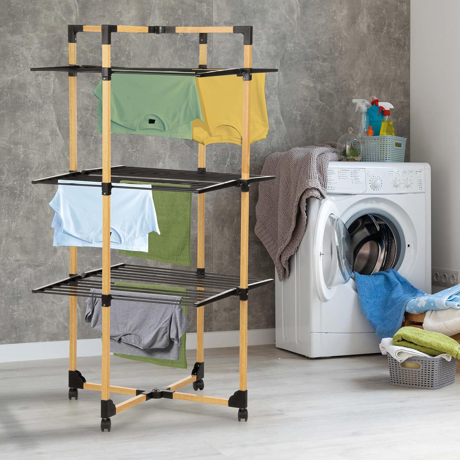 Étendoir tour pliable 3 niveaux – 30 m d’étendage compact et design Bois