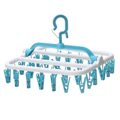 MOD Plastic Foldable Clothesline Baby Underwear Socks Drying Rack Windproof Children's Clothing Support Home Goods Laundry Hanger 32 clips-Sky Blue